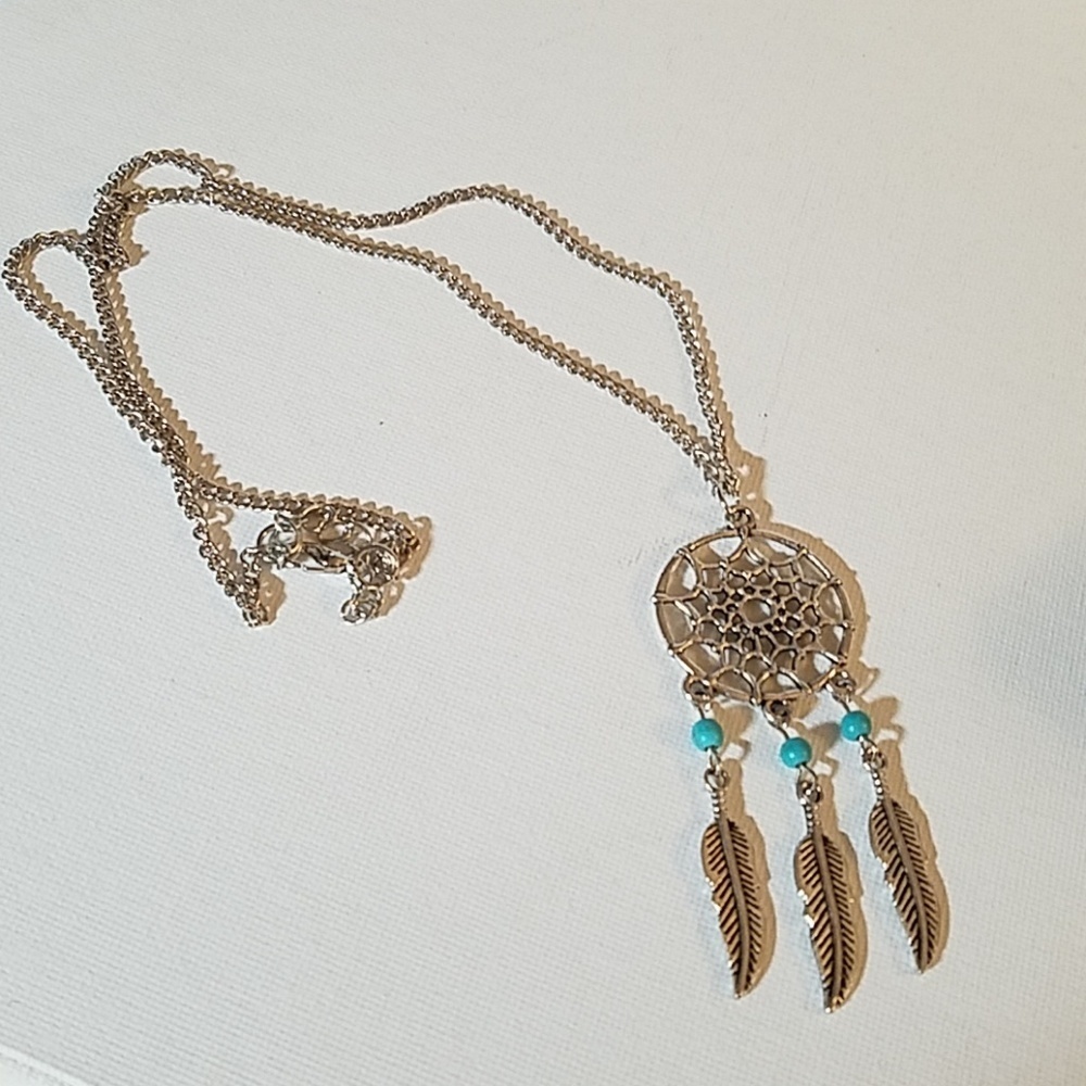 Turquoise Faux Silver Necklace Dream Catcher 20"